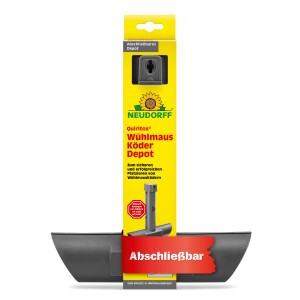 Neudorff Quiritox Wühlmaus Köder Depot zur sicheren Köderausbringung, abschließbar und nachfüllbar.