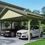 Satteldach-Carport Wallgau aus Holz mit zwei geparkten Autos. Doppelcarport mit Dachlattung.