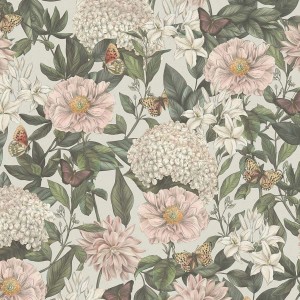 Romantische Blumentapete mit Hortensien, Dahlien und Schmetterlingen in Weiß, Grün und Rosa.