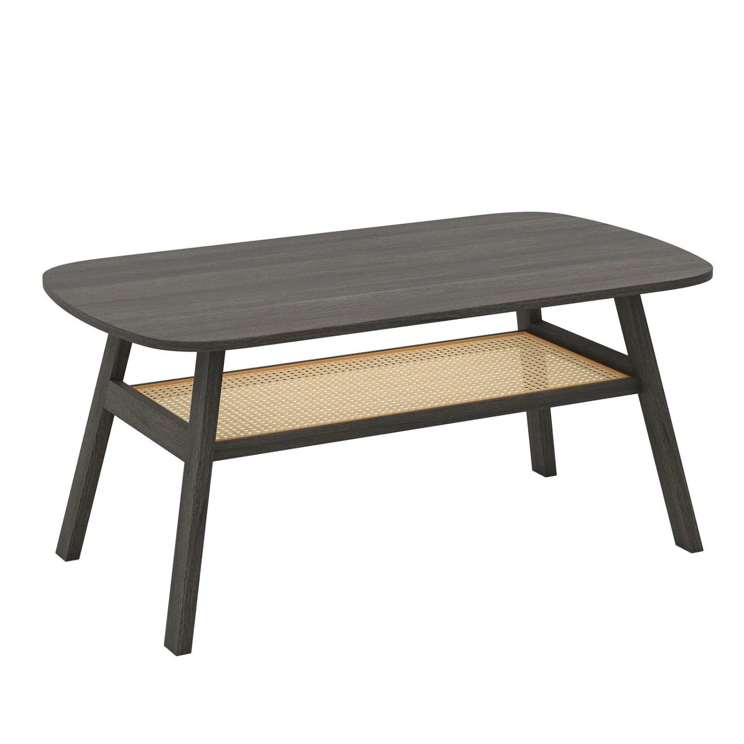 Costway Couchtisch Holz Wohnzimmertisch mit Rattan-Ablage Sofatisch