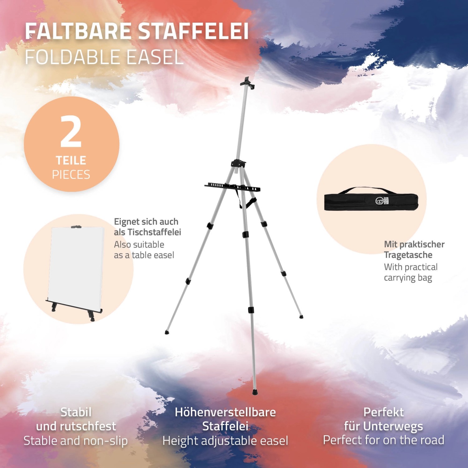 Silberne ECD Germany Atelierstaffelei aus Aluminium, höhenverstellbar und mit Tragetasche.