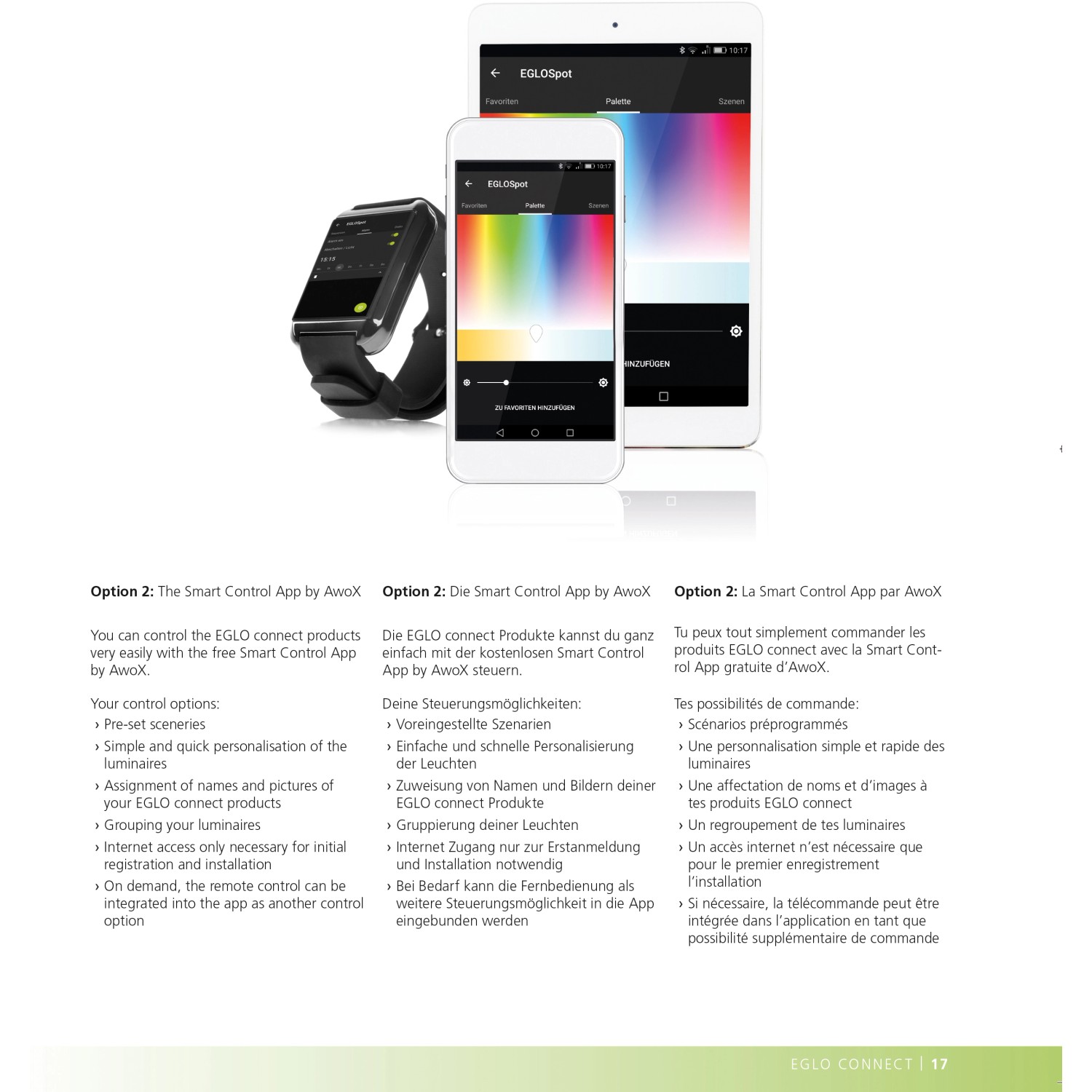 Eglo Connect: Smartwatch, Smartphone und Tablet mit farbiger Lichtsteuerung.