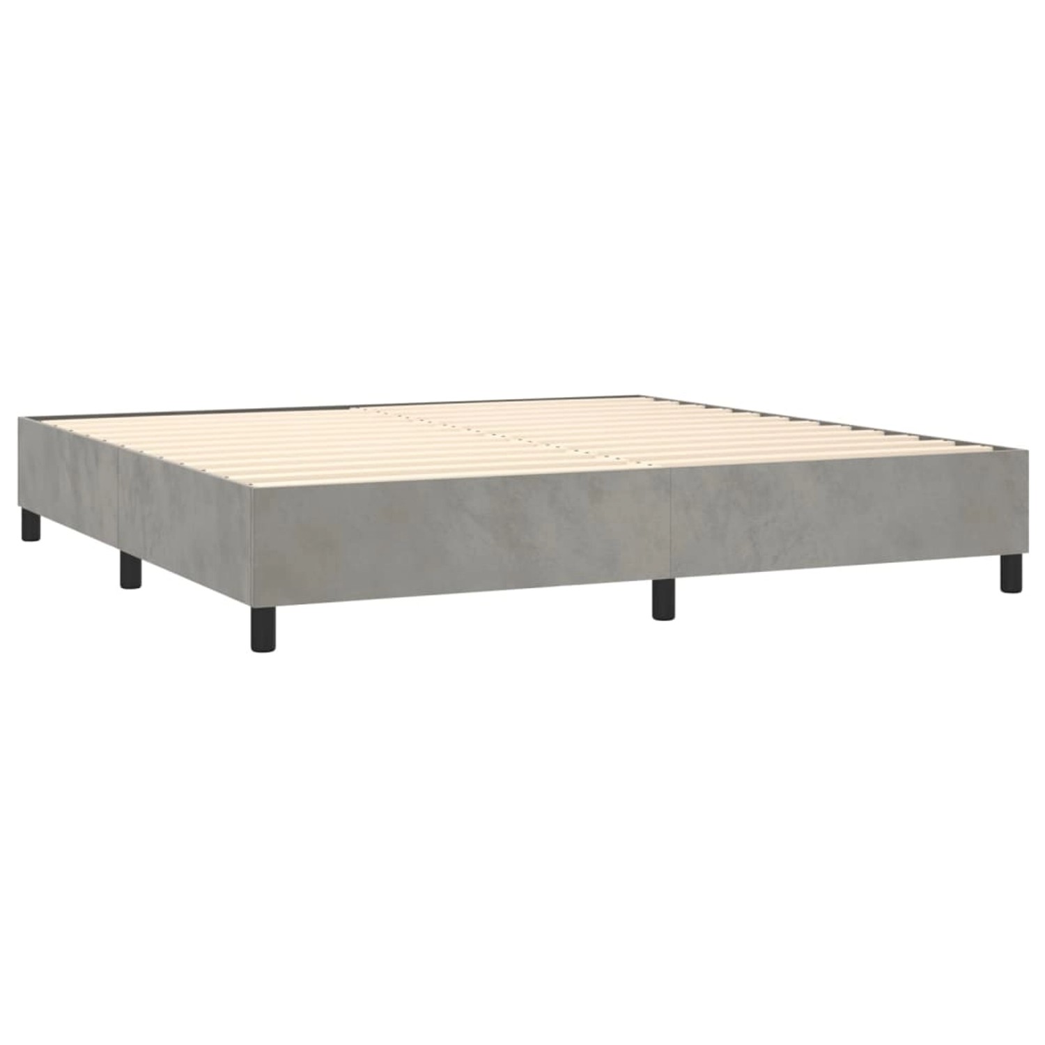 Boxspringbett vidaXL, hellgrau, 200x200 cm, Samt-Bettrahmen mit Lattenrost und schwarzen Füßen.