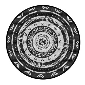 Runder, schwarz-weißer Outdoor-Teppich (240 cm) mit Muster, wetterfest und aus Kunststofffasern.