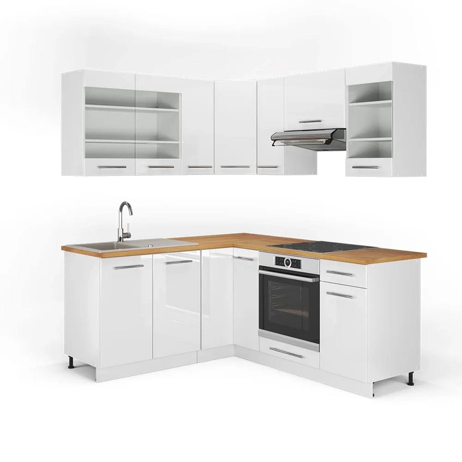 Vicco Eckküche Fame-Line Weiß Hochglanz/Weiß 190 x 82, AP Eiche
