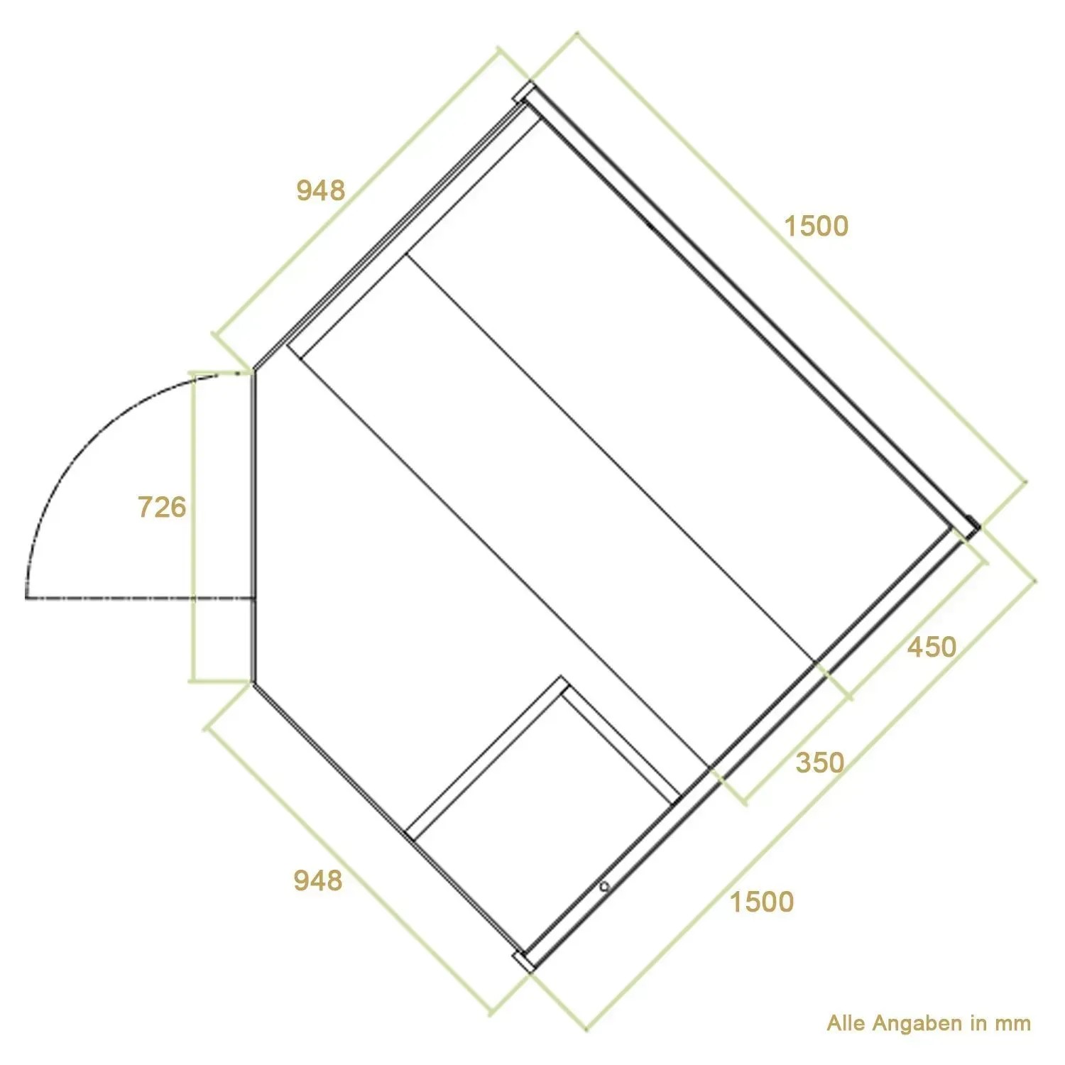 Grundriss der Artsauna Espoo150 Premium Sauna (150x150cm) mit Maßangaben.