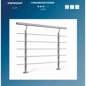 Edelstahl Geländer Set V2A, 100x150cm, seitliche Montage mit 5 Rundstäben.
