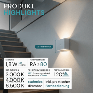 LUXULA 6er Set Akku Wandleuchte Innen Up- Downlight Dimmbar CCT 3000-6500K Kalt-Wamrweiß Bewegungssensor Fernbedienung Weiß