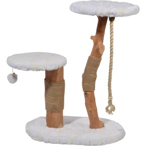 Weißer Dobar Kratzbaum Holly mit zwei Naturstämmen, Juteseil, zwei Liegeflächen und Spielzeug.