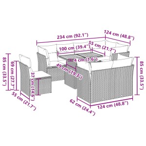 vidaXL 9-tlg. Garten-Sofagarnitur aus schwarzem Rattan mit cremeweißen Kissen und Tisch, Maße eingezeichnet.