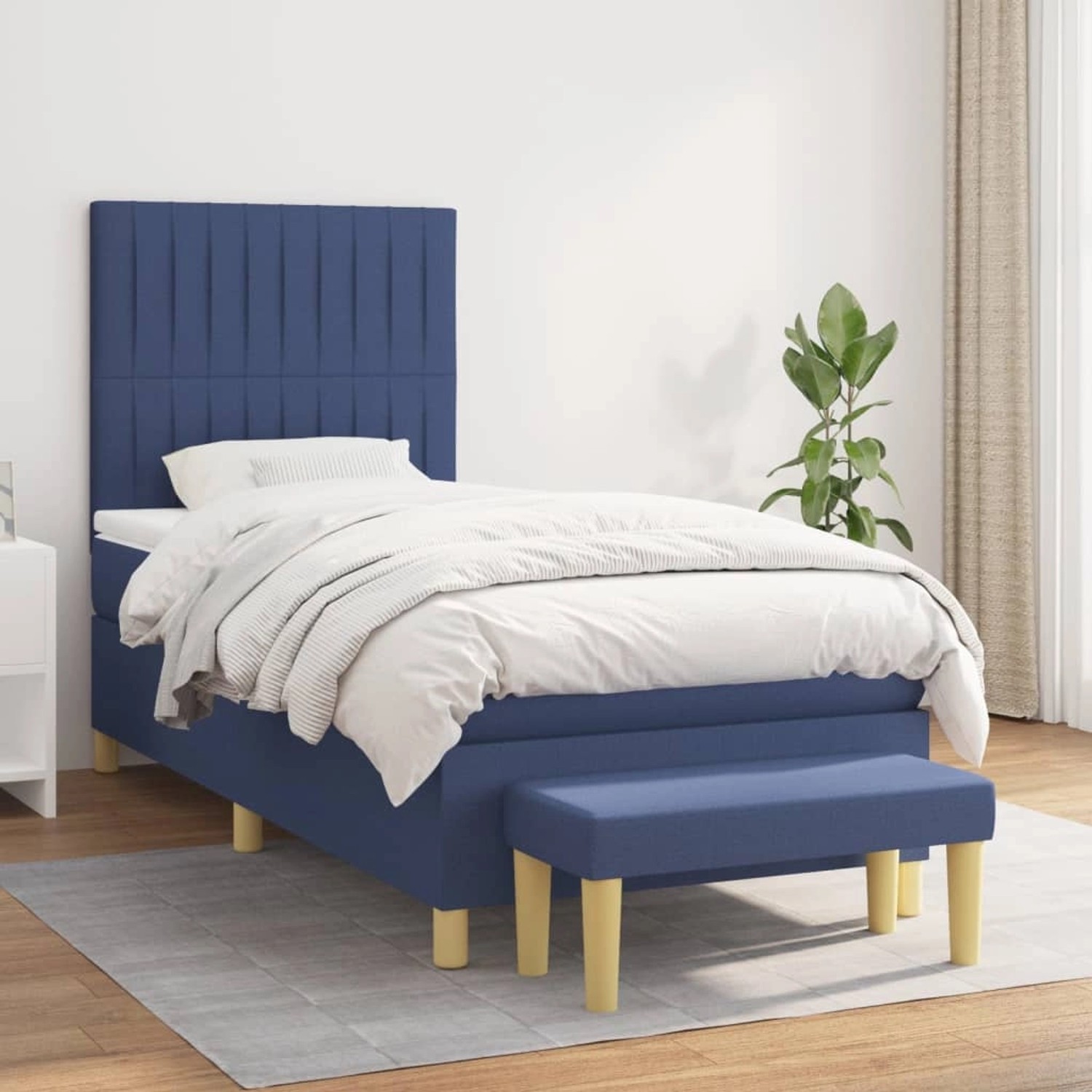 Blaues vidaXL Boxspringbett (90x190 cm) mit Matratze und Bank, Stoffbezug.