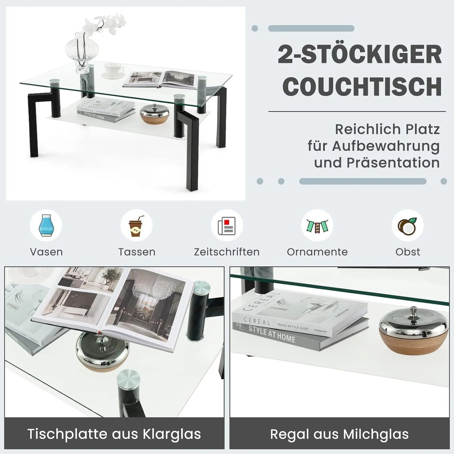 Costway Couchtisch mit Glasplatten und schwarzem Metallgestell, 2 Ebenen für Wohnzimmer.