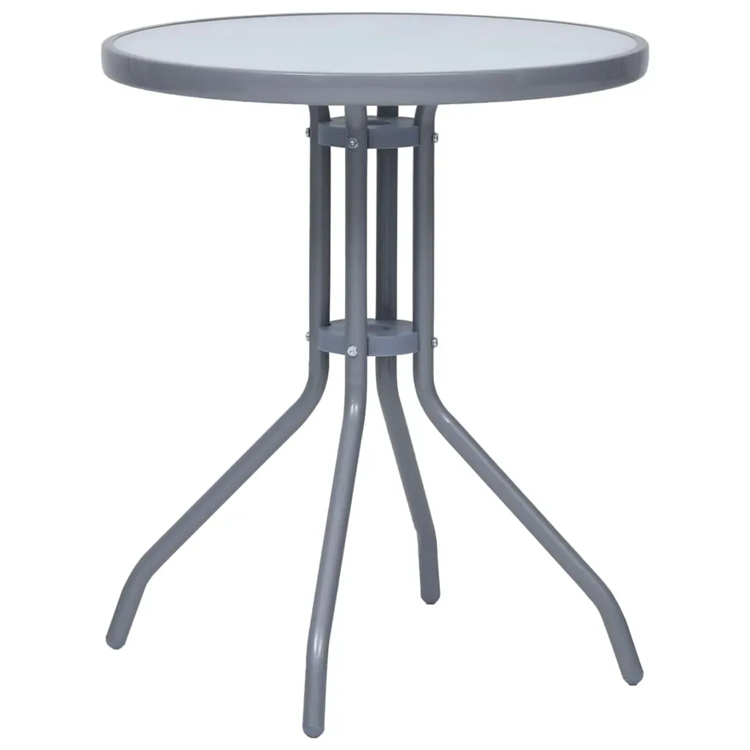 Silbernes Bistro-Tisch aus Aluminium und Glas, Teil des 3-tlg. Gartenmöbel Sets.