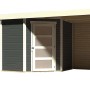 Modernes, terragraues Karibu Holz-Gartenhaus mit Flachdach und Anbau. Ideal zur Aufbewahrung und als überdachter Sitzplatz.
