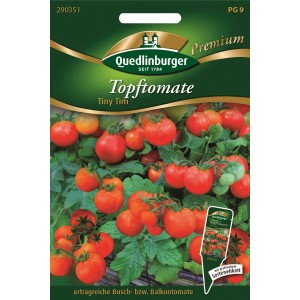 Samentüte Quedlinburger Topftomate 'Tiny Tim' mit reifen, roten Tomaten und grünen Blättern.