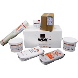 WDVS Premium-Paket 160mm: Dämmplatten, Armierungsgewebe, Mörtel, Tiefengrund, Dübel, Putzgrundierung, Strukturputz, Farbe.