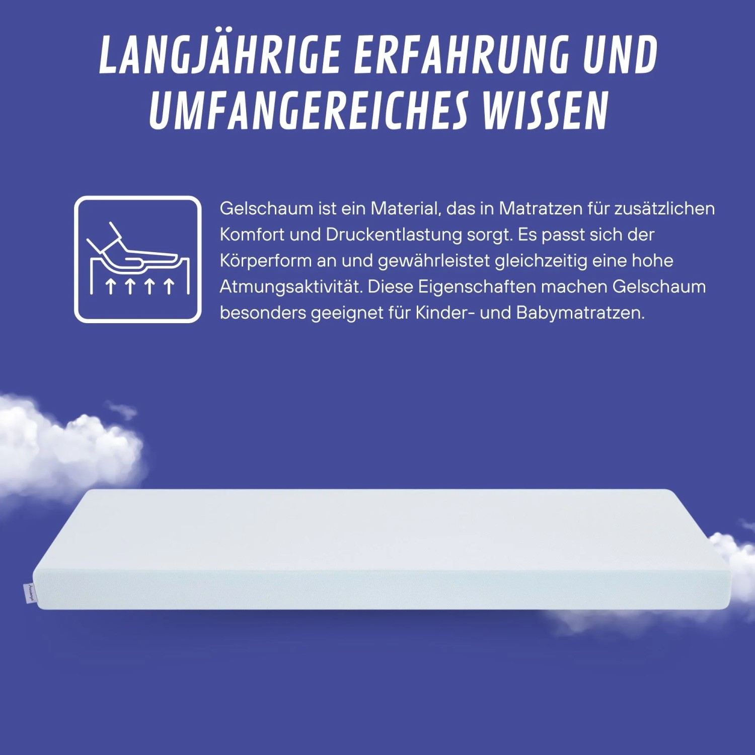 Weißer Arensberger Gelschaum Topper 120x200cm. Bietet Komfort, Druckentlastung und hohe Atmungsaktivität für Matratzen.