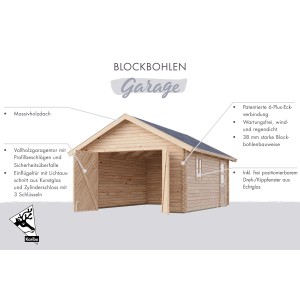 Karibu Blockbohlengarage, 38 mm, Holzgarage mit Tor und Tür.