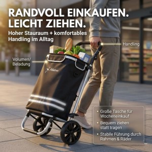 Albatros Einkaufstrolley mit großer Tasche und Thermobeutel, gefüllt mit Lebensmitteln.
