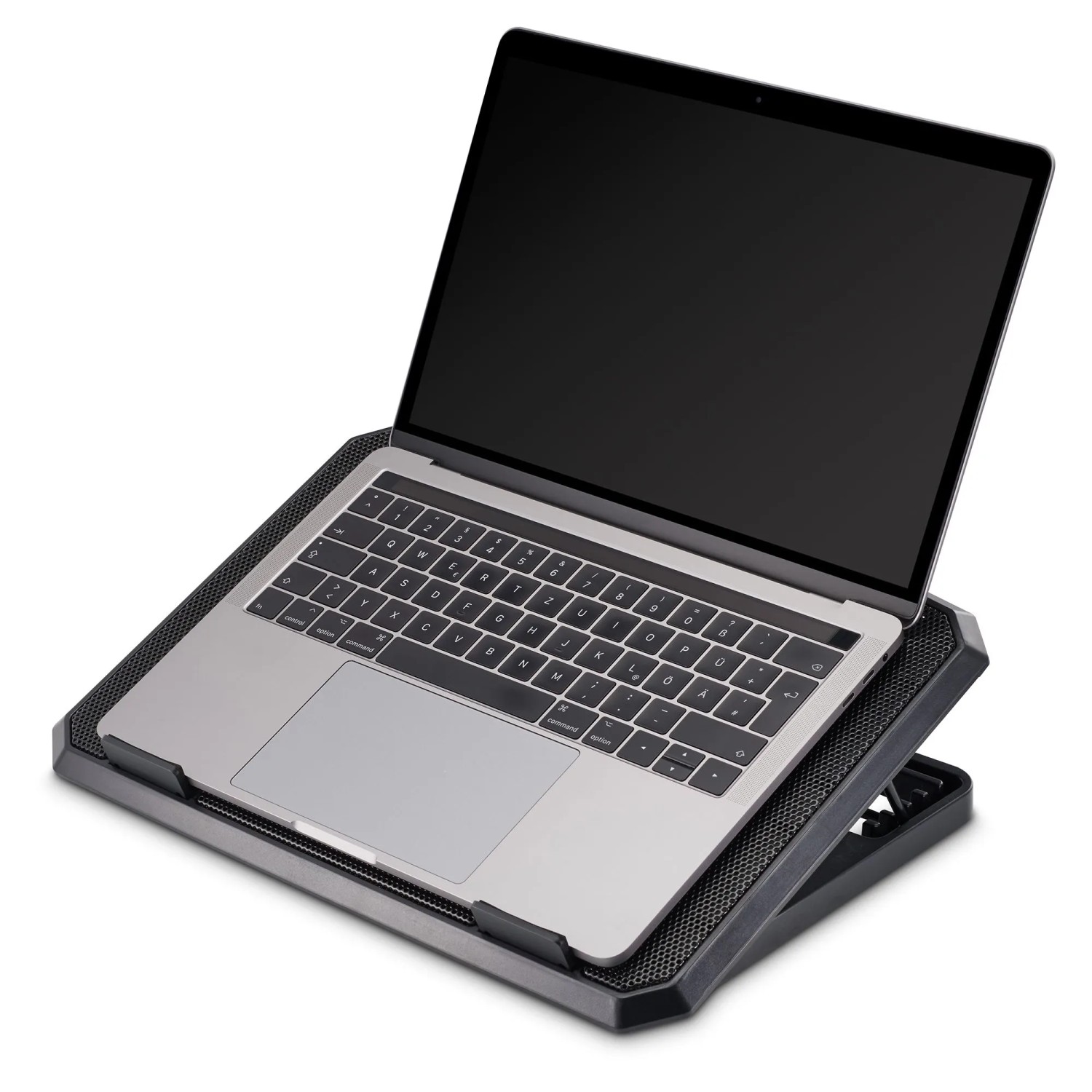 Schwarzer, neigbarer Hama Laptop-Kühler mit 2 Lüftern unter einem Laptop.
