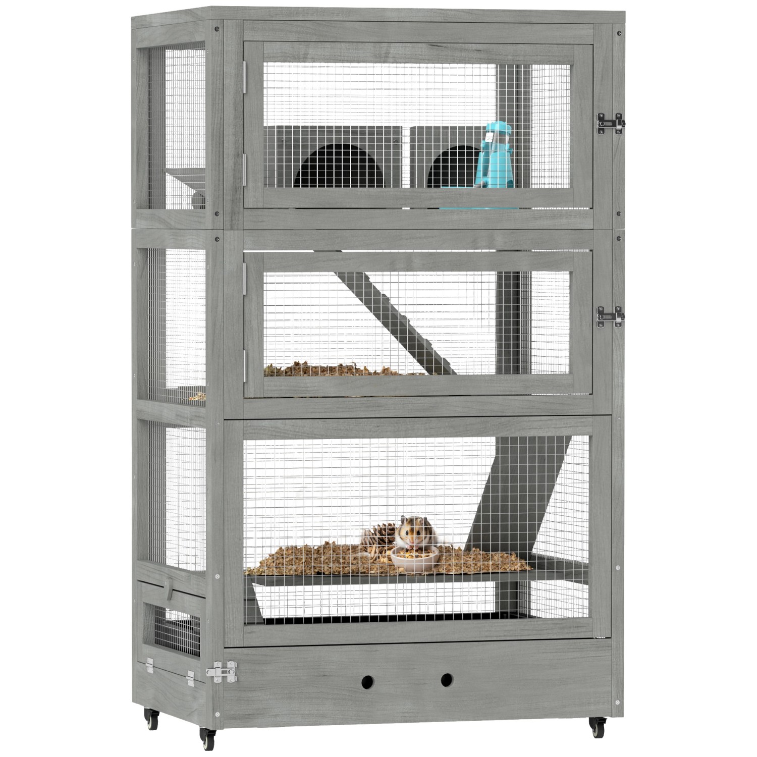 PawHut Zwerghamsterkäfig Tannenholz Grau 65L x 45B x 109H cm