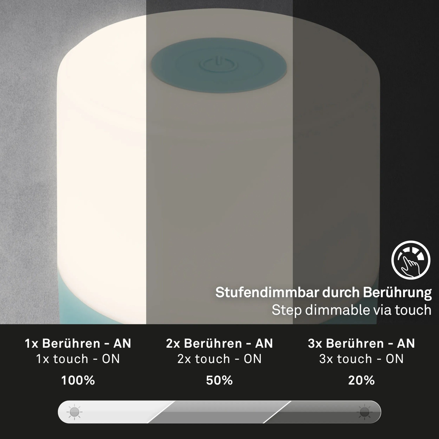 Blaue Brilo Akku-Tischleuchte Smal mit Touchdimmer und verschiedenen Helligkeitsstufen.