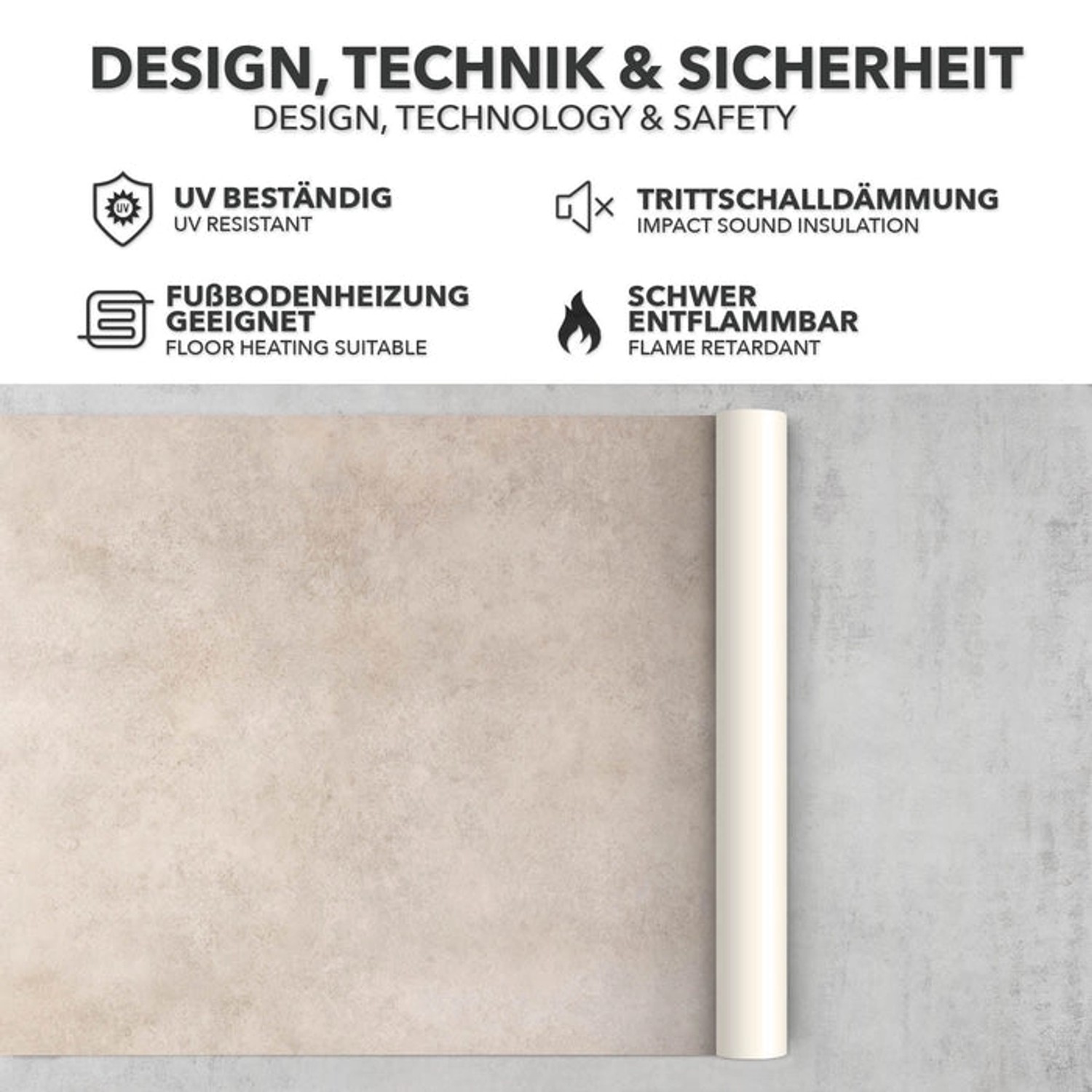 Karat CV Bodenbelag Atlantic Midas, Steinoptik, gerollt. Details zu UV-Beständigkeit, Trittschalldämmung, Fußbodenheizung und Brandschutz.