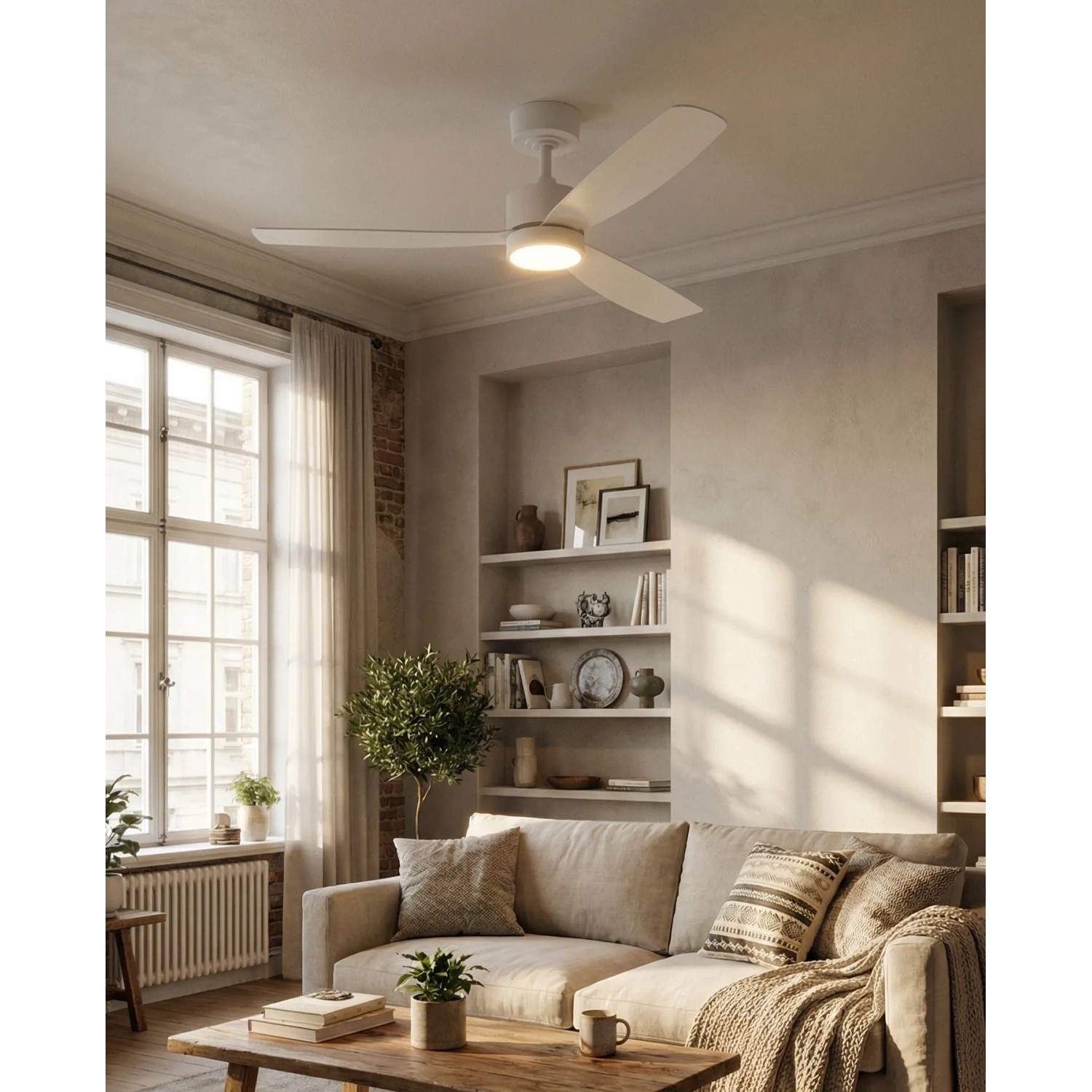 Weißer matter Eglo LED-Deckenventilator Bonassola mit drei Flügeln und Licht in modernem Wohnzimmer. Ø 132,6 cm.