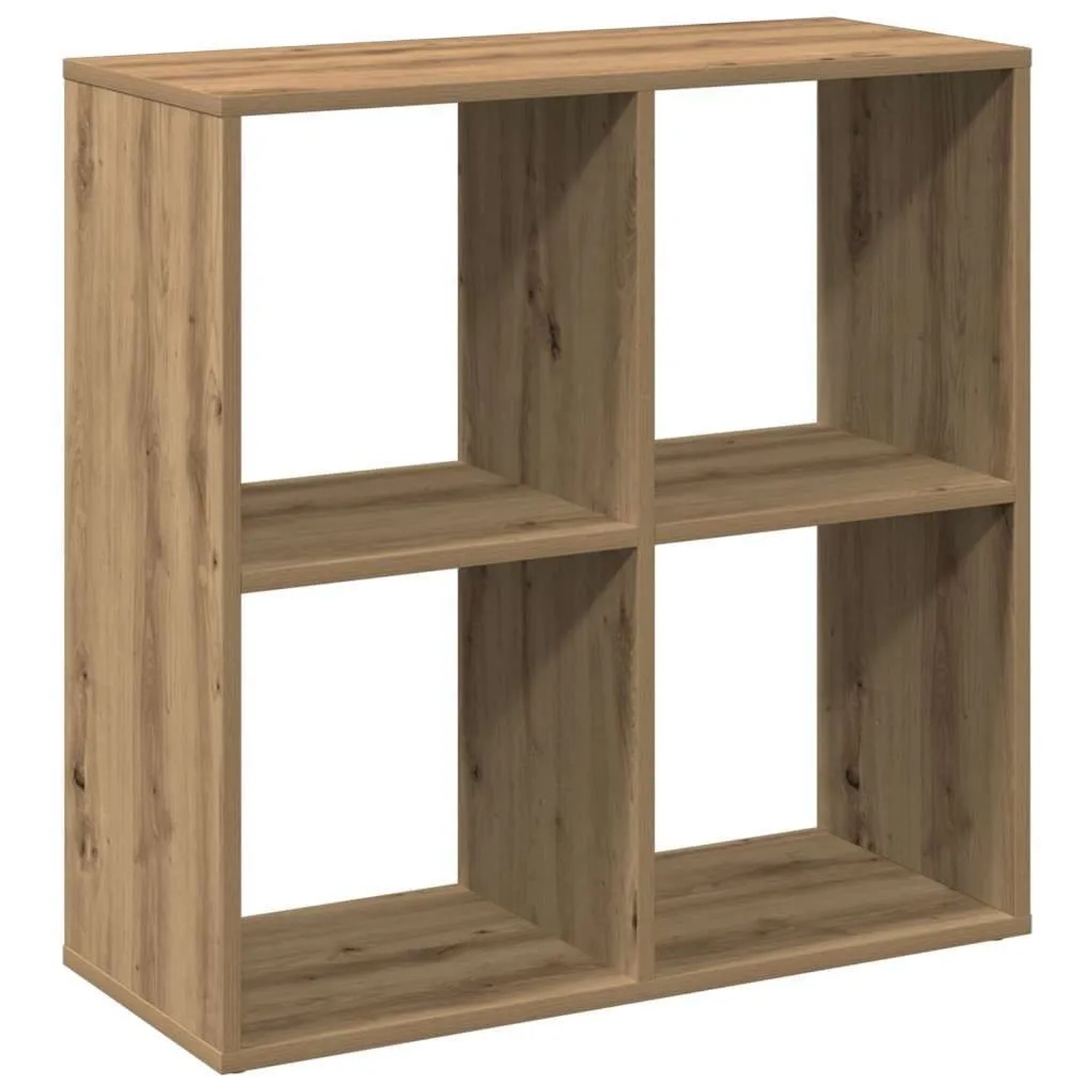 Quadratisches Raumteiler-Bücherregal in Artisan-Eiche mit 4 offenen Fächern aus Holzwerkstoff.