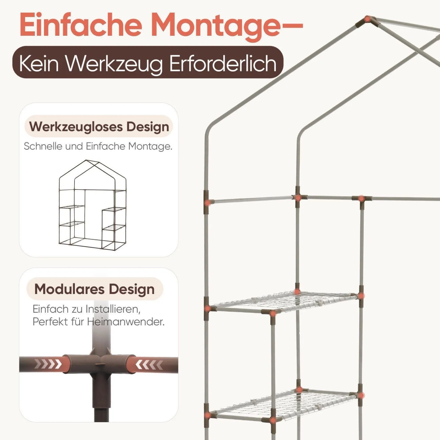 Foliengewächshaus-Gestell mit modularem, werkzeuglosem Aufbau und Regalebenen. Einfache Montage für Pflanzenanzucht.