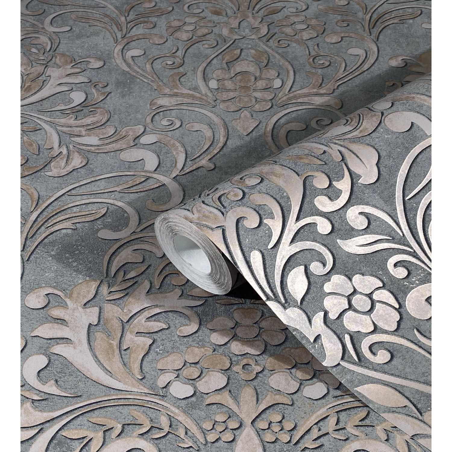 Graue Marburg Vliestapete City Glam Ornamental mit floralem Muster als Rollenware.