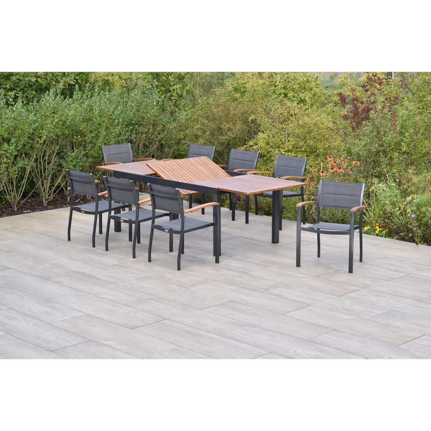 Merxx Paxos Set 9-tlg. 8 Stapelsessel Gartentisch Ausziehbar Akazie Aluminium