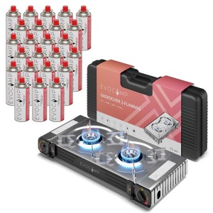 Evocamp Camping Gaskocher 2-flammig mit Gaskartuschen und Transportkoffer.