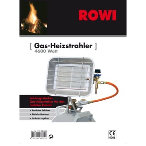Rowi Gas-Heizstrahler 4600 W, silbernes Stahlgehäuse mit Gasschlauch und Regler.