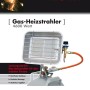 Rowi Gas-Heizstrahler 4600 W, silbernes Stahlgehäuse mit Gasschlauch und Regler.