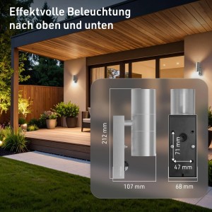 Oktaplex Chile Außenlampe, silberner Edelstahl, Bewegungsmelder, GU10, Up-Down-Licht. Für Terrasse & Garten.