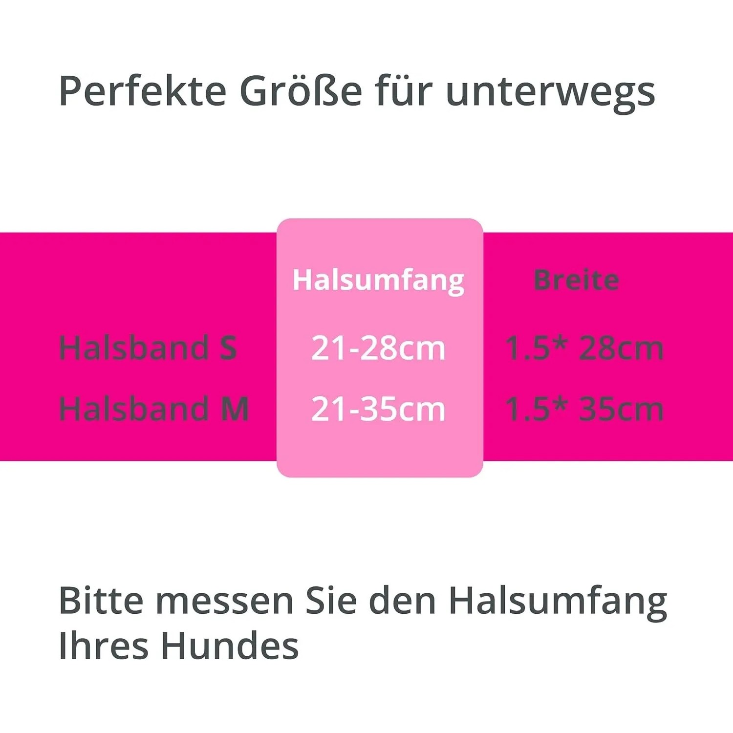 Größentabelle für PETSATION Leuchtendes Katzenhalsband Pink. Zeigt Halsumfang und Breite für Größen S und M.