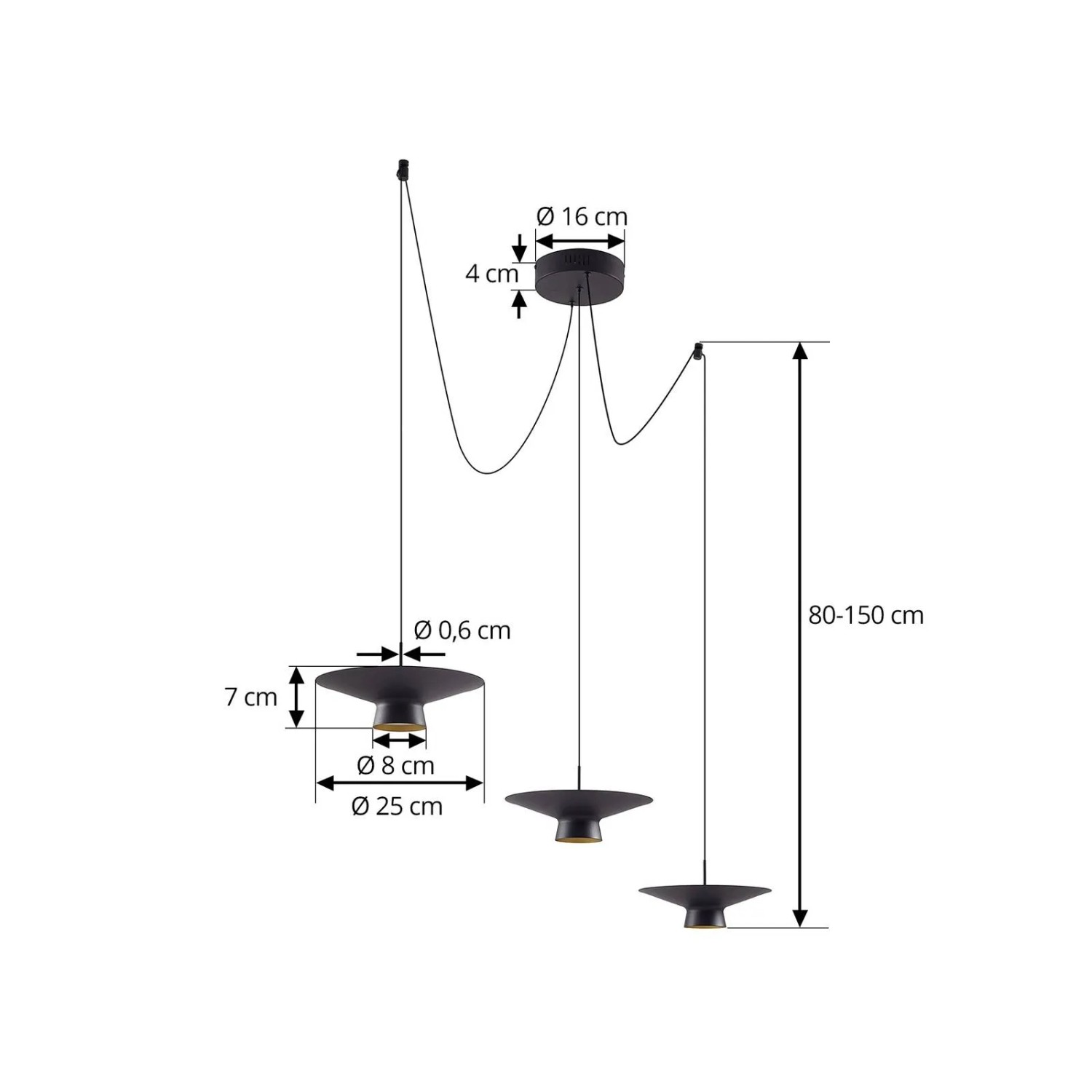 Dimmbare LED-Pendelleuchte Norvind, schwarz, 6-flammig, aus Metall, mit Maßangaben.