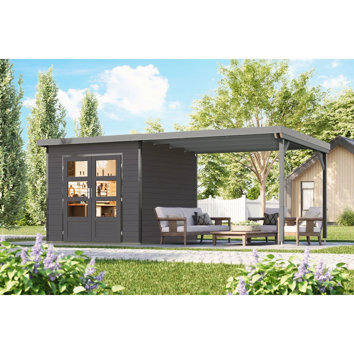 Karibu Gartenhaus Domingo 3 B mit Verlängerung Grau-Alu