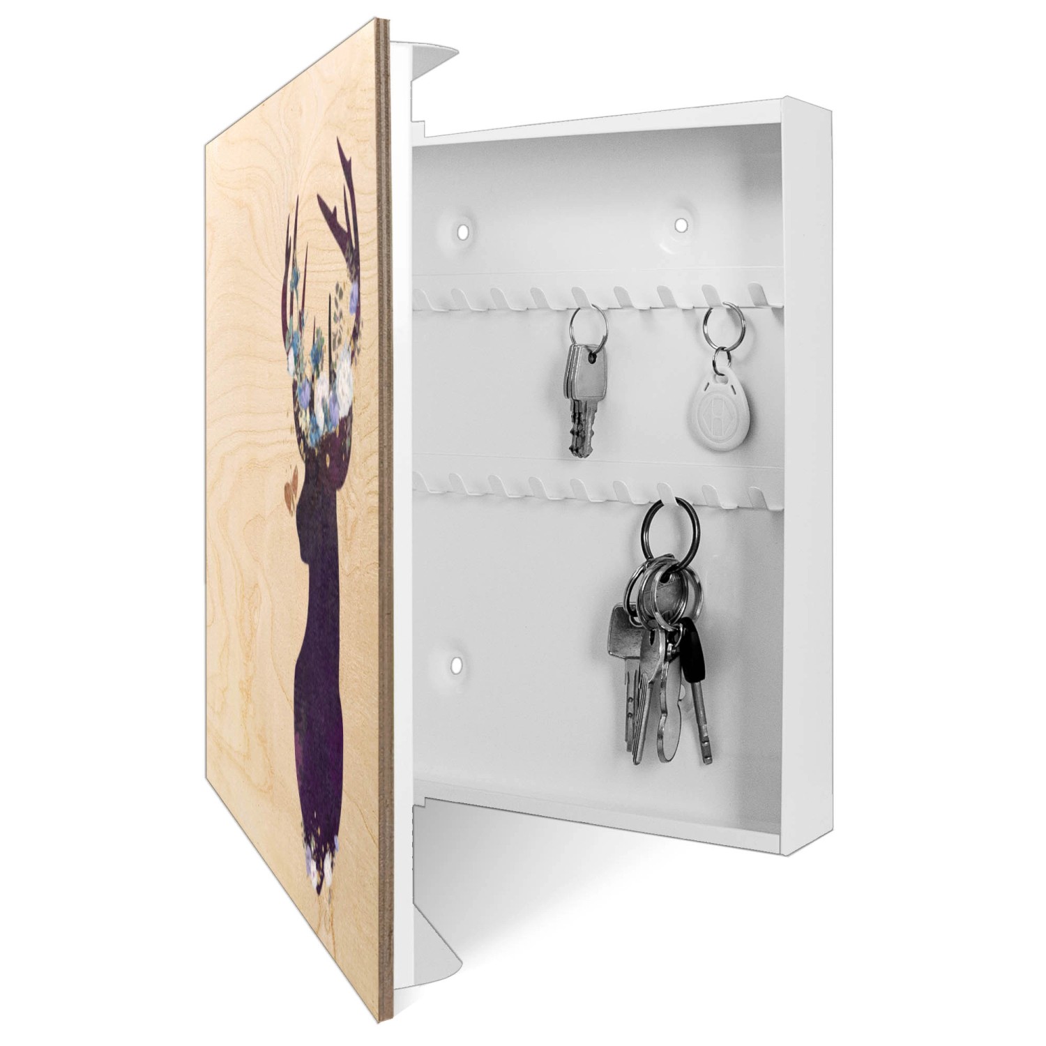Weißer Banjado Schlüsselkasten mit Holzfront, Motiv Blumengeweih-Hirsch, 50 Haken für Schlüsselaufbewahrung.