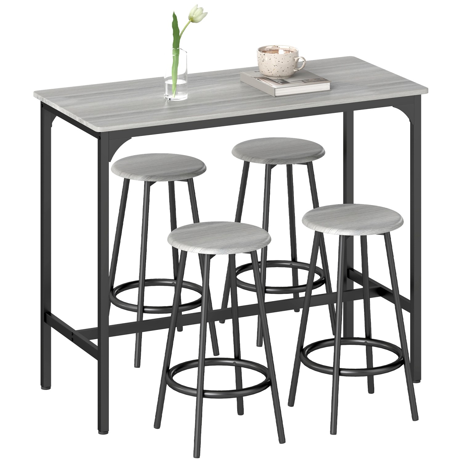 HOMCOM Bartisch Set mit 4 Barhocker MDF Metall Grau 110L x 50B x 89,5H cm günstig online kaufen