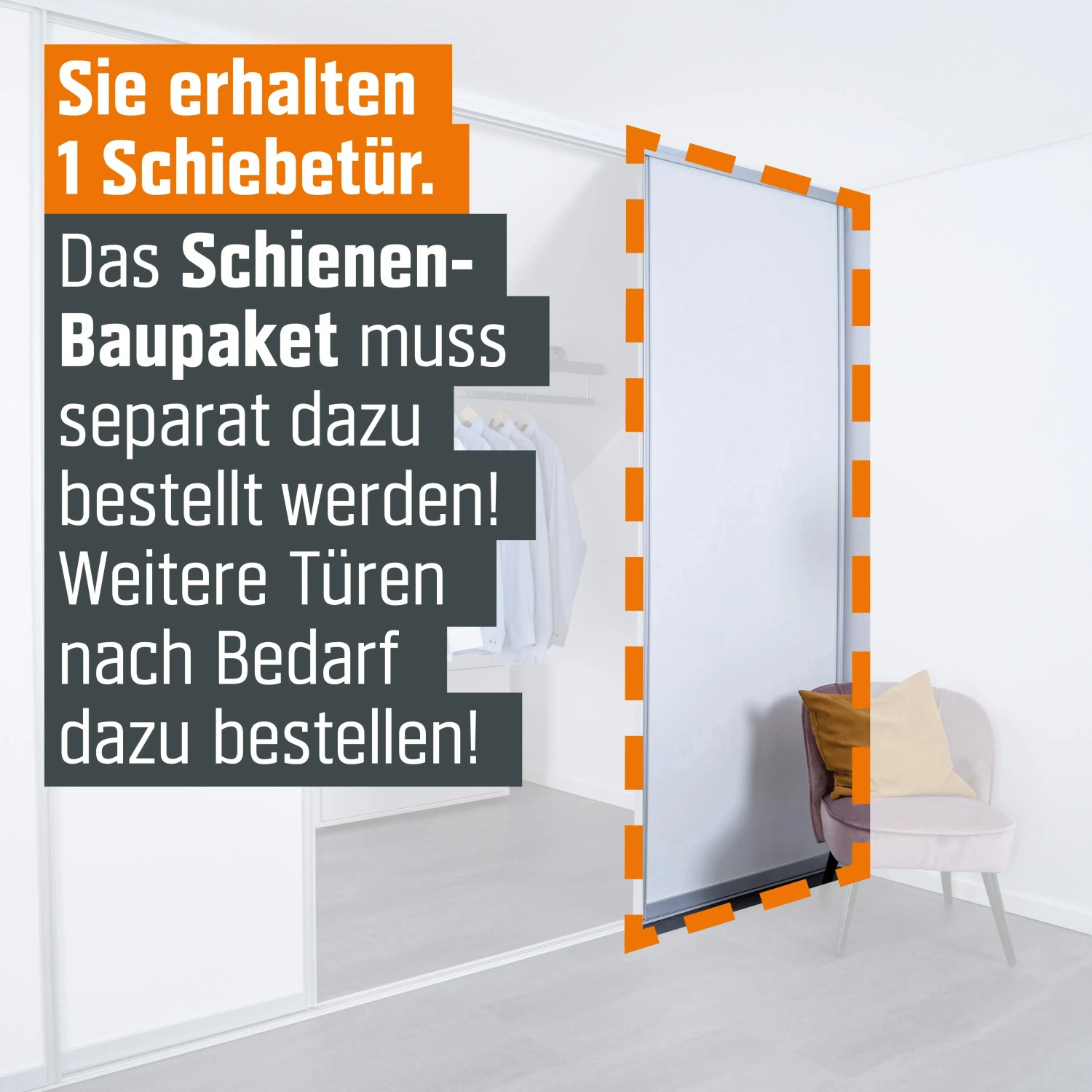 Schiebetür-Baupaket Profil Silber, Dekor Reinweiß, 1022x2600mm, für begehbare Schränke oder Raumteiler.