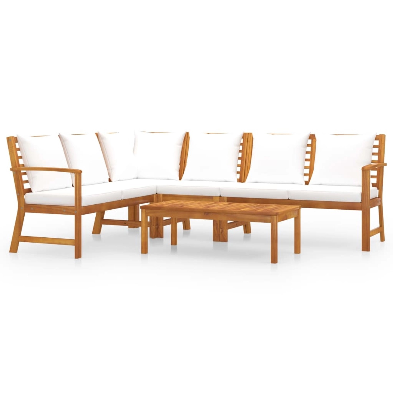 5-tlg. Garten Lounge Set aus Akazienholz mit creme-weißen Auflagen und Tisch.