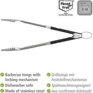 Wenko BBQ Zange aus Edelstahl mit schwarzem TPR-Griff. Grillutensil mit Feststellmechanismus.