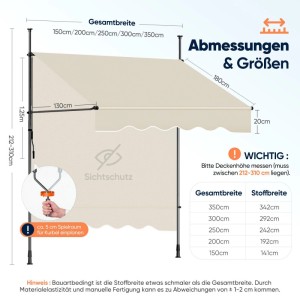 Sekey Klemmmarkise für Balkon mit Kurbel ohne Bohren Sonnenschutz UV-beständig Balkonmarkise 200 x 130 cm Beige