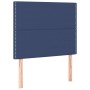 Blaues Boxspringbett 90x200 cm mit Stoffbezug und Kopfteil mit Ziernägeln.