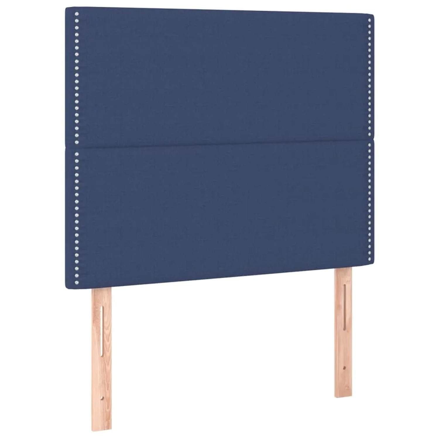 Blaues Boxspringbett 90x200 cm mit Stoffbezug und Kopfteil mit Ziernägeln.