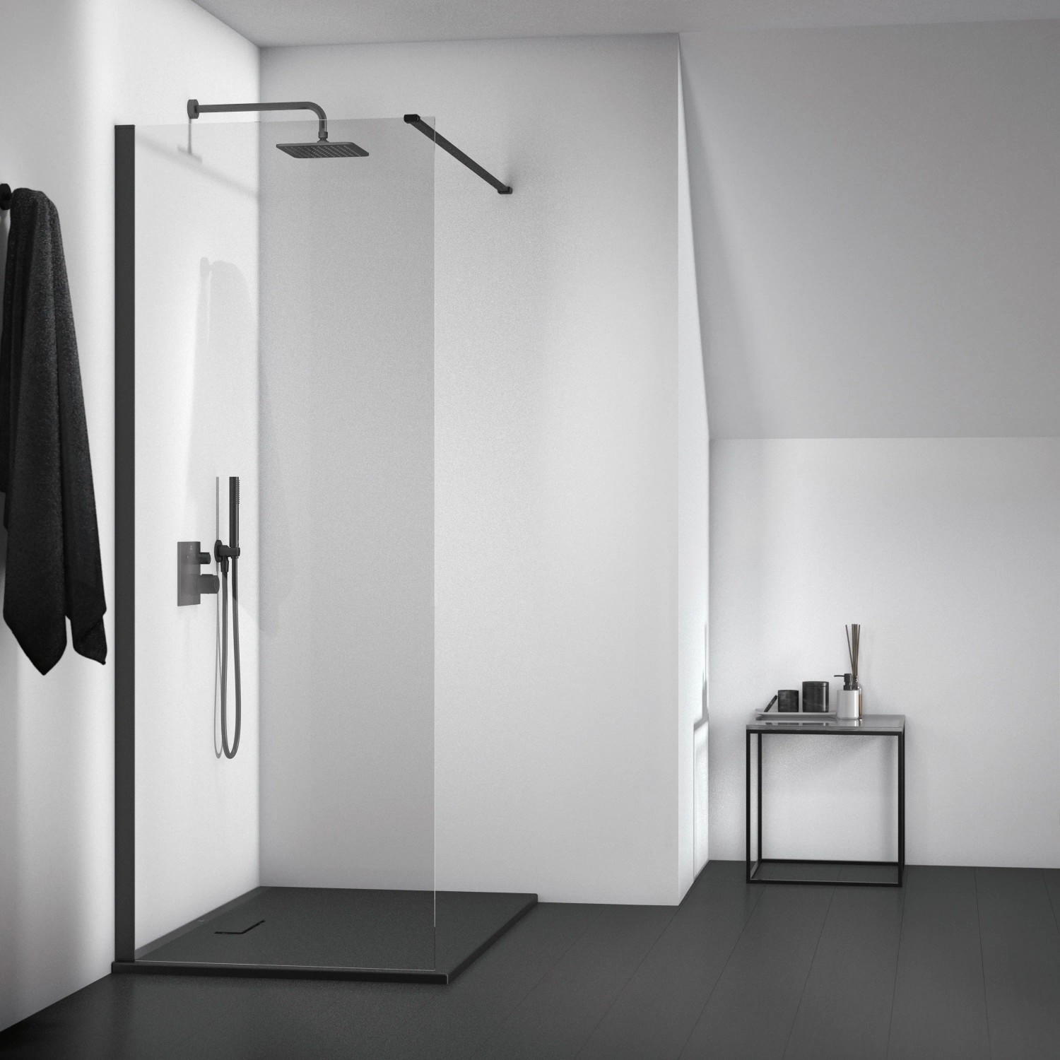 Ideal Standard Duschwanne Extraflach, 120x80 cm, Schwarz, mit Duschabtrennung in modernem Bad.