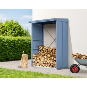 EcoStar Kaminholzregal Elegant-V, taubenblau, aus Metall, mit Holz gefüllt. Praktische Kaminholzlagerung.