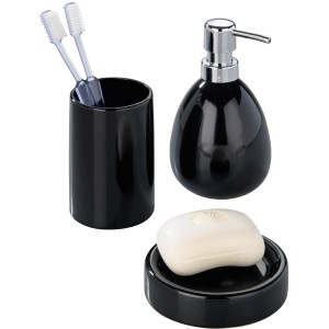 Wenko Polaris Black Bad-Set: Zahnputzbecher, Seifenspender, Seifenablage.
